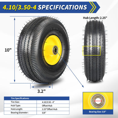 Upgrade 4.10/3.50-4 Rubber Tire and Wheel, with 2.25" Offset Hub, 5/8" Sealed Bearings, for Hand Truck Trolley Dolly Garden Wagon Wheel Replacement（2 Pack)