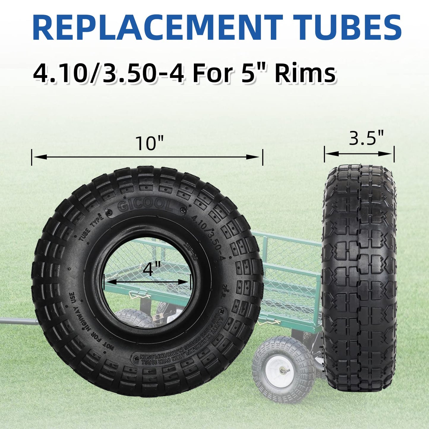 4.10/3.50-4 Replacement Tire and Inner Tube Set, 2 Pack, 10" Heavy Duty Tire and Tube, TR-13 Straight Valve Stem, for Hand Truck Trolley Dolly Garden Wagon Cart Wheel Replacement