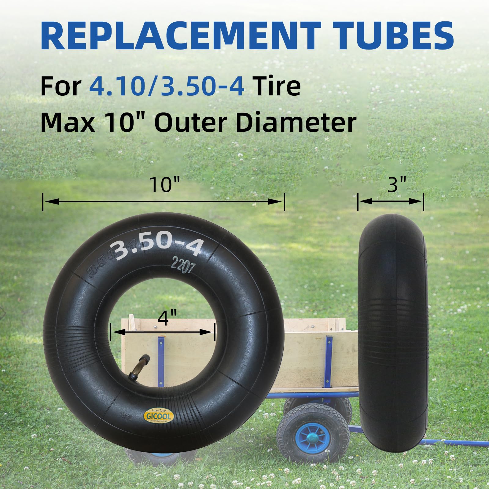 4.10/3.50-4 Replacement Inner Tube, with TR-87 Bent Valve Stem, Heavy Duty, for 10" Tires, Hand Truck Garden Utility Wagon Go Cart (2 pack)