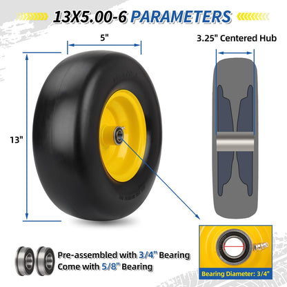 13x5.00-6 Flat Free Lawn Mower Tire and Wheel, Smooth Tread Tire for Lawnmower, Installed 3/4" Bearing with Extra 5/8" Bearing, 3.25"-5.9" Centered Hub, 2 Packs
