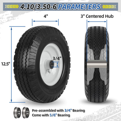 4.10/3.50-6 Flat Free Tire and Wheel, with 3"-3.5''-4.0''-4.5'' Centered Hub, and 3/4" & 5/8" Bearings, Replacement for Lawn Mower, Hand Truck/All Purpose Utility Tire on Wheel, (2 Pack)