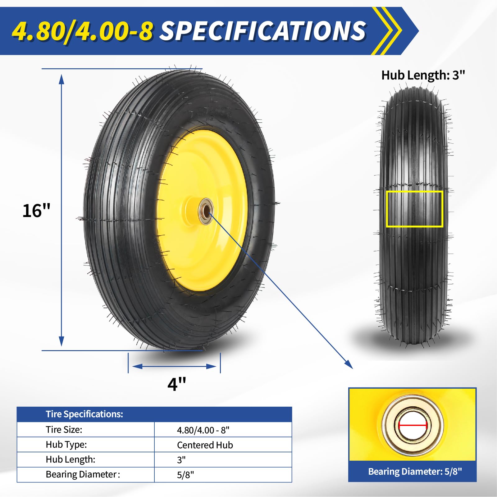 Upgrade 4.80/4.00-8 Wheelbarrow Tire and Wheel, 16"" Rubber Pneumatic Wheel, 3"" -6"" Centered Hub, 5/8"" &amp; 3/4"" Bearings, for Hand Truck, Trolley, Garden Cart, Wagons, 10 （2 Pack)