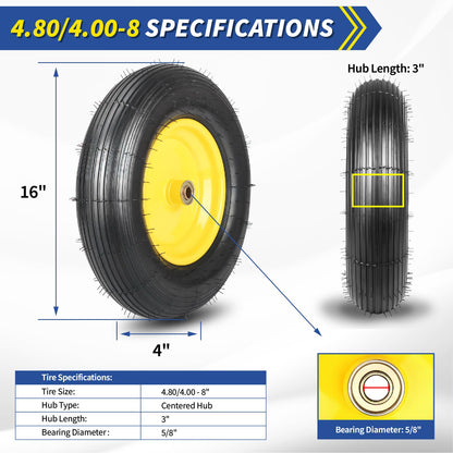 Upgrade 4.80/4.00-8 Wheelbarrow Tire and Wheel, 16"" Rubber Pneumatic Wheel, 3"" -6"" Centered Hub, 5/8"" &amp; 3/4"" Bearings, for Hand Truck, Trolley, Garden Cart, Wagons, 10 （2 Pack)