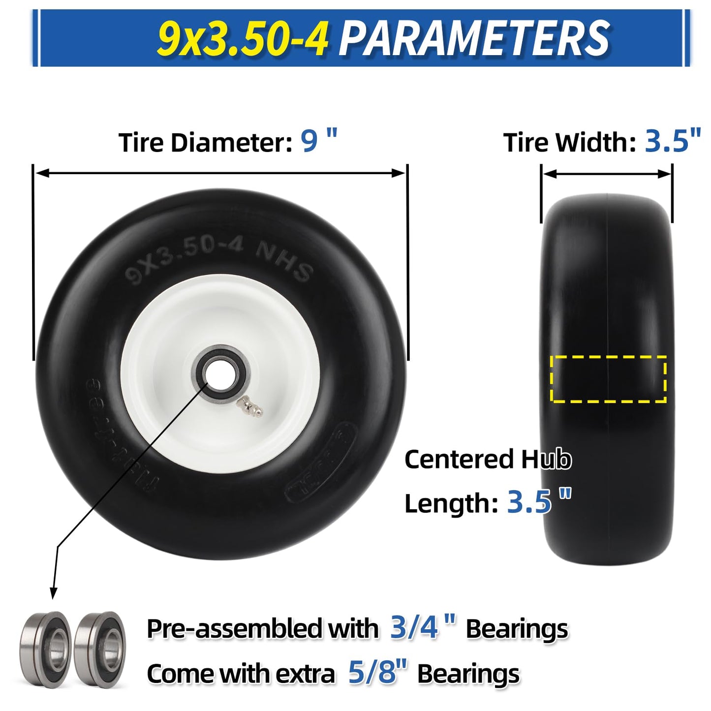9x3.50-4 Flat Free Lawn Mower Tire and Wheel, Smooth Tread Tire for Zero Turn Mowers, 3/4" Bearing, Extra 5/8" Bearing, 3.5"-4"-4.5"-5" Centered Hub