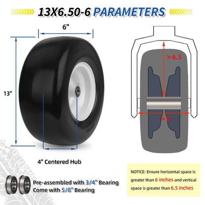 13x6.50-6 Flat Free Lawn Mower Tire and Wheel, Solid Smooth Zero Turn Mower Front Tire Assembly, with 3/4" & 5/8" Bearing, 4"-6.5" Centered Hub, Compatible with Lawnmower Garden Tractor, 2 Pack