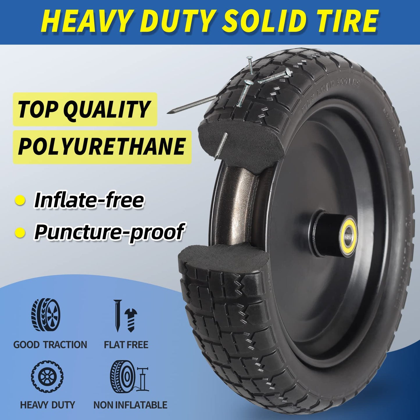 13" Flat-free Solid Tire and Wheel, 4.00-6 Wheelbarrow tire with 5/8" Axle Bore Hole, 2.2" Offset Hub, Compatible with Garden Wagon Trolley Dolly, (2 Pack)
