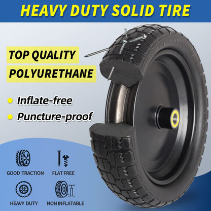 13" Flat-free Solid Tire and Wheel, 4.00-6 Wheelbarrow tire with 5/8" Axle Bore Hole, 2.2" Offset Hub, Compatible with Garden Wagon Trolley Dolly, (2 Pack)