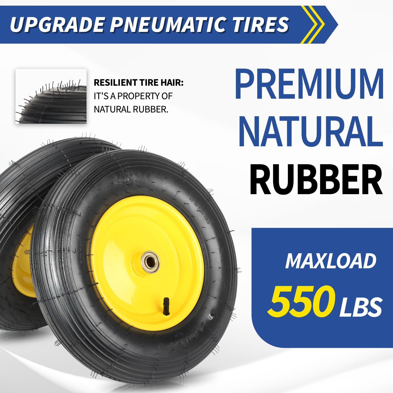 Upgrade 4.80/4.00-8 Wheelbarrow Tire and Wheel, 16"" Rubber Pneumatic Wheel, 3"" -6"" Centered Hub, 5/8"" &amp; 3/4"" Bearings, for Hand Truck, Trolley, Garden Cart, Wagons, 10 （2 Pack)