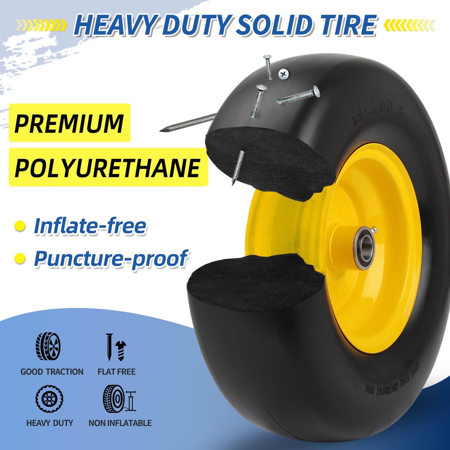 13x5.00-6 Flat Free Lawn Mower Tire and Wheel, Smooth Tread Tire for Lawnmower, Installed 3/4" Bearing with Extra 5/8" Bearing, 3.25"-5.9" Centered Hub, 2 Packs
