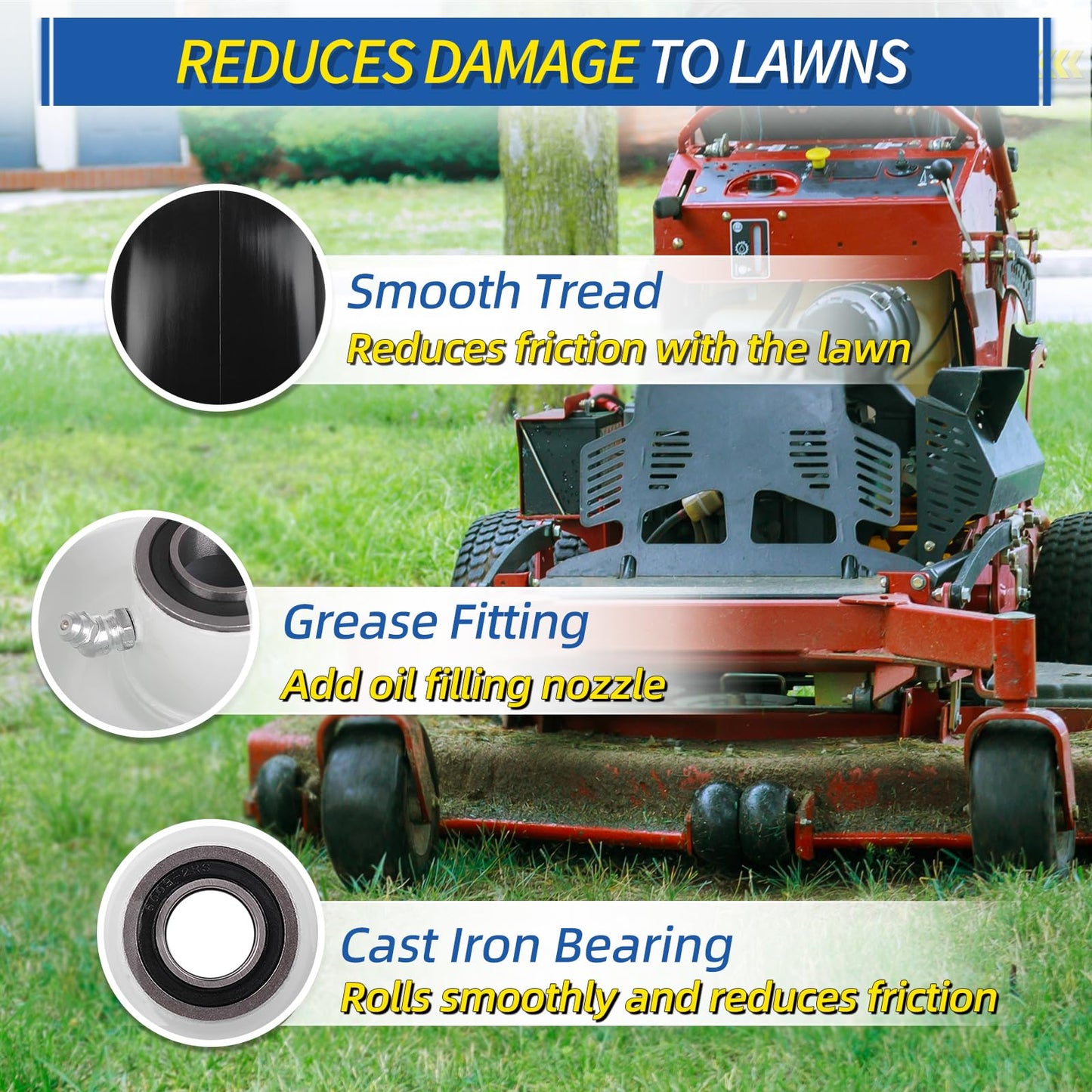 9x3.50-4 Flat Free Lawn Mower Tire and Wheel, Smooth Tread Tire for Zero Turn Mowers, 3/4" Bearing, Extra 5/8" Bearing, 3.5"-4"-4.5"-5" Centered Hub