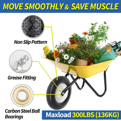 4.80/4.00-8" Wheelbarrow Tire, 16" Flat-Free Solid Tire and Wheel, 3-6" Centered Hub, 5/8" & 3/4" Bearing, For Broadcast Spreader Garden Wagon Cart Trolley Dolly Lawn Mover (1 Pack)