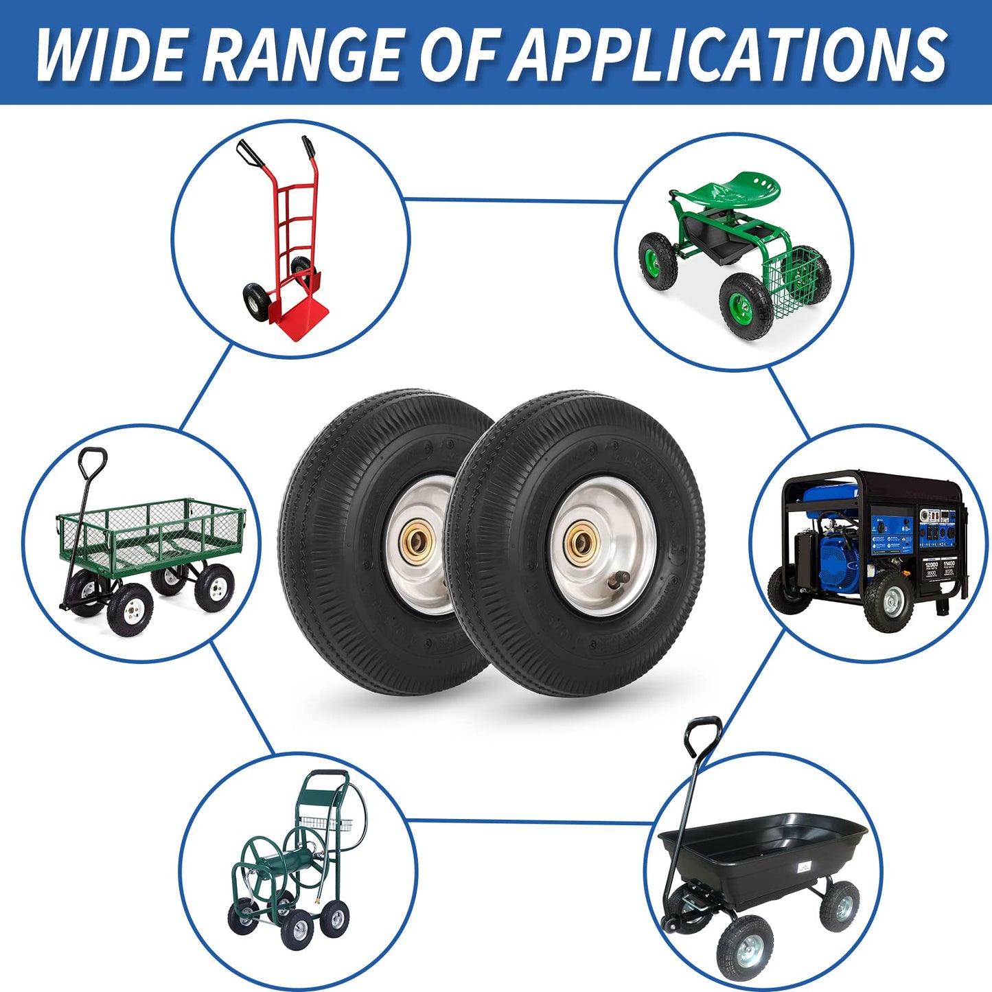 10" Tire and Wheel, 2 Pack, 4.10/3.50-4 Pneumatic Tire, with 2.25" Offset Hub, 5/8" Axle Bore Hole, Sealed Bearings for Hand Truck Trolley Dolly Garden Wagon Wheel Replacement