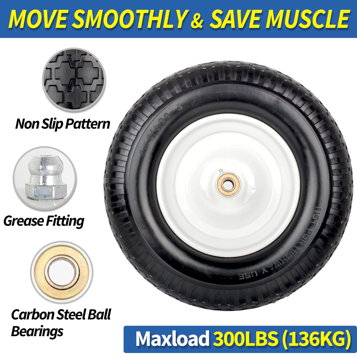 4.80/4.00-8" Wheelbarrow Tire, 16" Flat-Free Solid Tire and Wheel, 3" Centered Hub, 5/8" Axle Bore Hole,for Garden Wagon Cart Trolley Dolly Replacement(2 Pack)