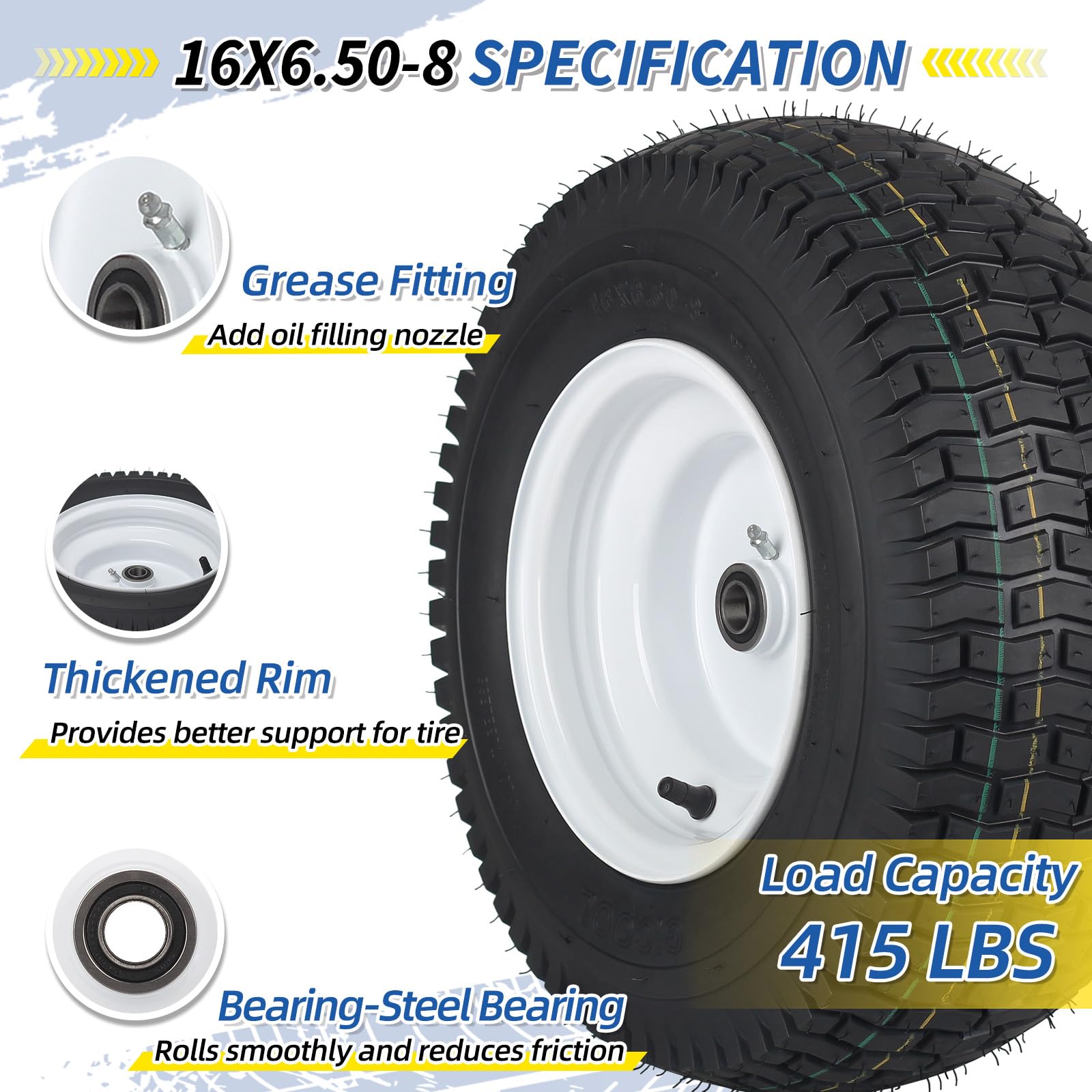 16x6.50-8 Tubeless Tire and Wheel, 16x6.5-8" Lawn Mower Tires, 3"-4.5" Offset Hub, 3/4" or 5/8" Bearing, Universal Fit Riding Mower and Garden Tractor Front Wheels, 4 Ply, Turf Pattern, 2 Pack