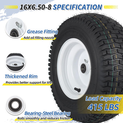 16x6.50-8 Tubeless Tire and Wheel, 16x6.5-8" Lawn Mower Tires, 3"-4.5" Offset Hub, 3/4" or 5/8" Bearing, Universal Fit Riding Mower and Garden Tractor Front Wheels, 4 Ply, Turf Pattern, 2 Pack