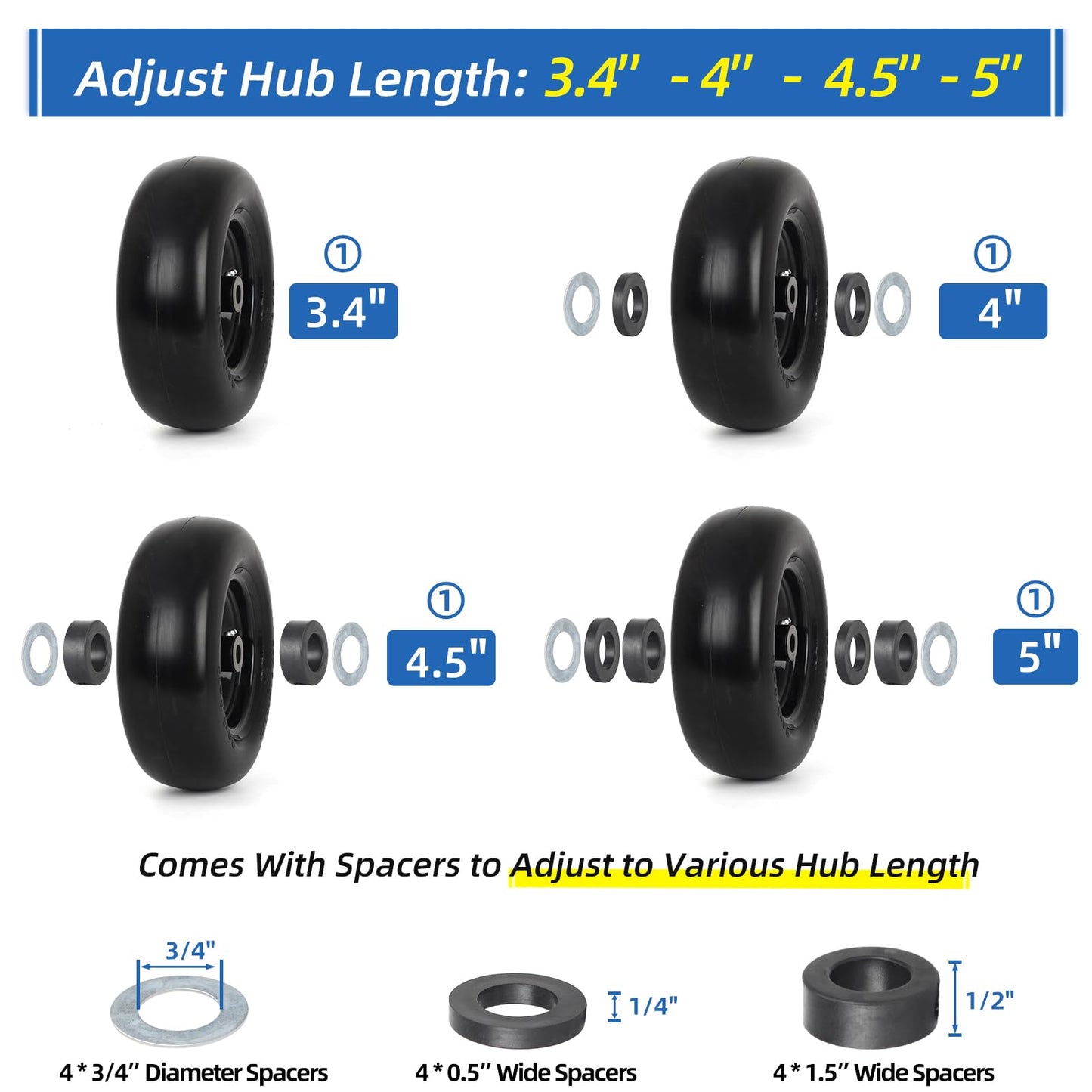11x4.00-5” Flat Free Lawn Mower Tire and Wheel with 3/4" or 5/8" Bushings, 3.4"-4"-4.5"-5" Centered Hub, Smooth Tread Tire for Zero Turn Mowers, 2 Pack