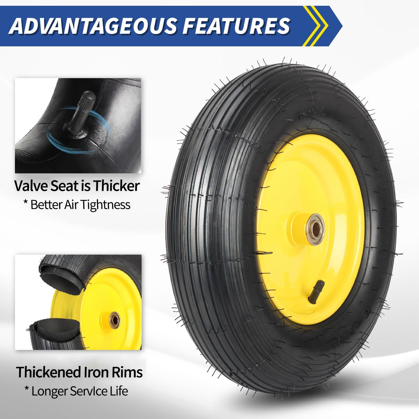 Upgrade 4.80/4.00-8 Wheelbarrow Tire and Wheel, 16"" Rubber Pneumatic Wheel, 3"" -6"" Centered Hub, 5/8"" &amp; 3/4"" Bearings, for Hand Truck, Trolley, Garden Cart, Wagons, 10 （2 Pack)