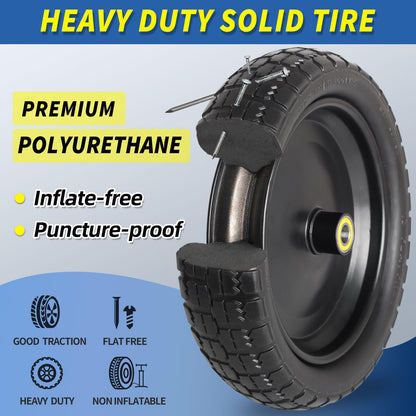 13" Flat-free Solid Tire and Wheel Replacement, with 5/8" Axle Bore Hole, 2.2" Offset Hub for Wheelbarrow Garden Wagon Trolley Dolly (4 pack)