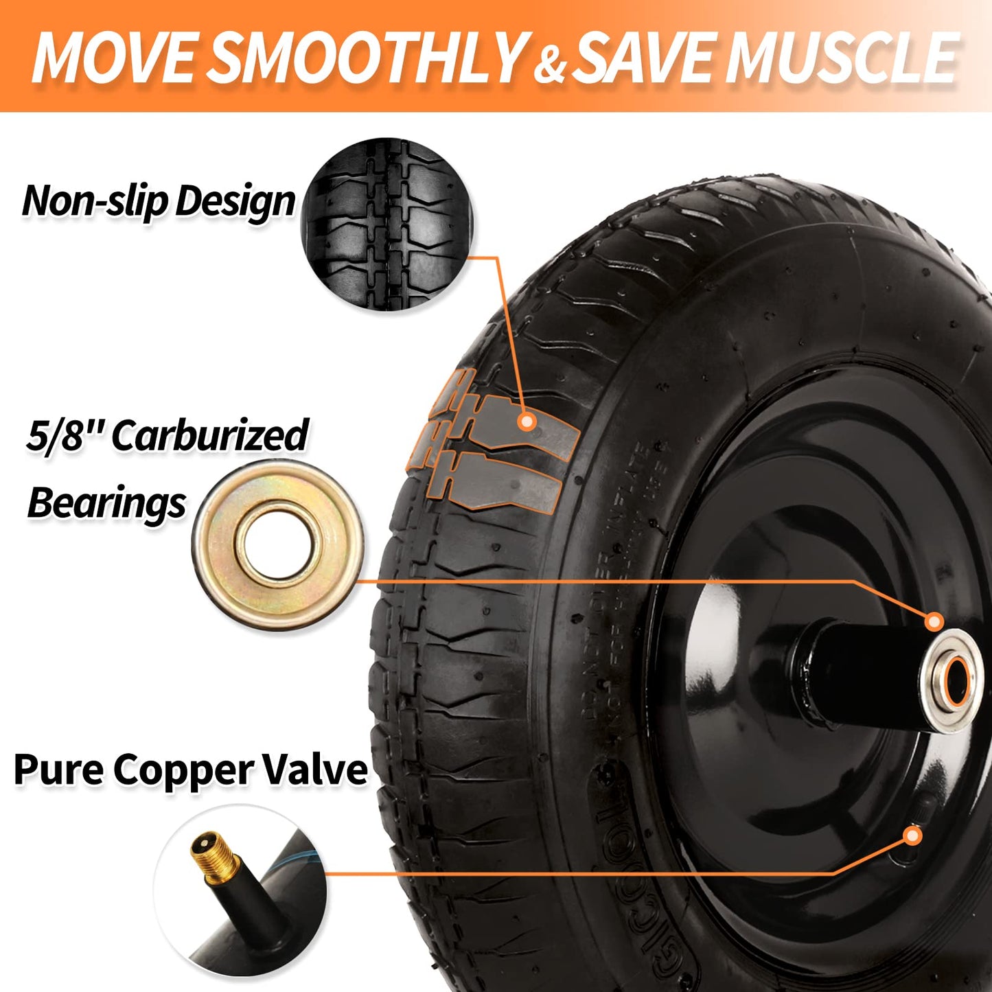 14.5" Wheelbarrow Tire, 3.50-8” Pneumatic Tire, Universal Wheelbarrow Wheel for 4.80/4.00-8”, 4.00-6”, and 2.50-8”, with 6" Centered Hub, 5/8" Axle Bore Hole, Sealed Bearings（1 Pack）