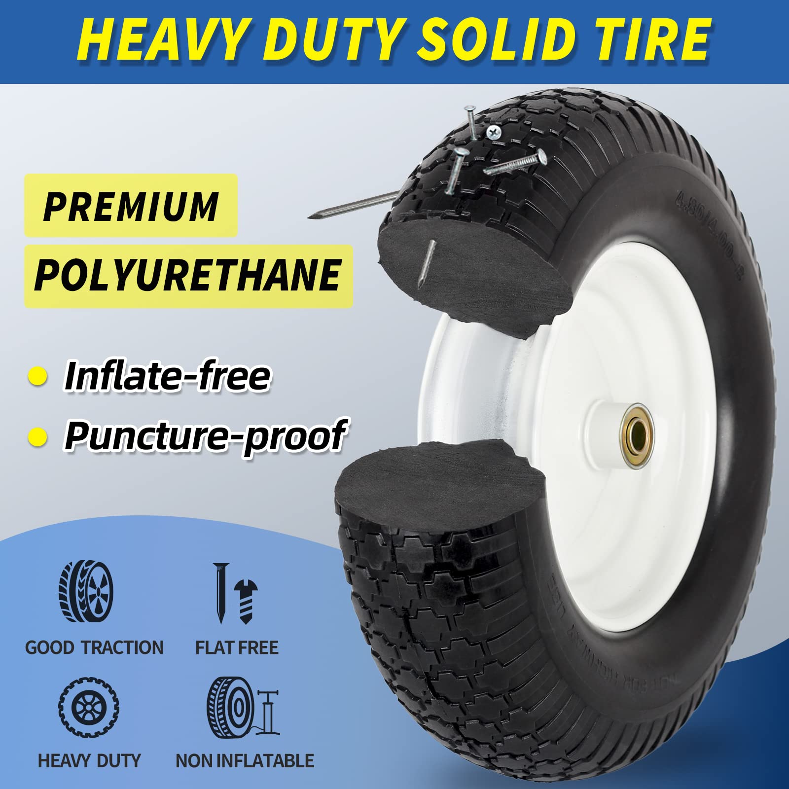 4.80/4.00-8" Wheelbarrow Tire, 16" Flat-Free Solid Tire and Wheel, 3-6" Centered Hub, 5/8" & 3/4" Bearing, For Broadcast Spreader Garden Wagon Cart Trolley Dolly Lawn Mover (1 Pack)