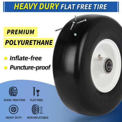 9x3.50-4 Flat Free Lawn Mower Tire and Wheel, Smooth Tread Tire for Zero Turn Mowers, 3/4" Bearing, Extra 5/8" Bearing, 3.5"-4"-4.5"-5" Centered Hub