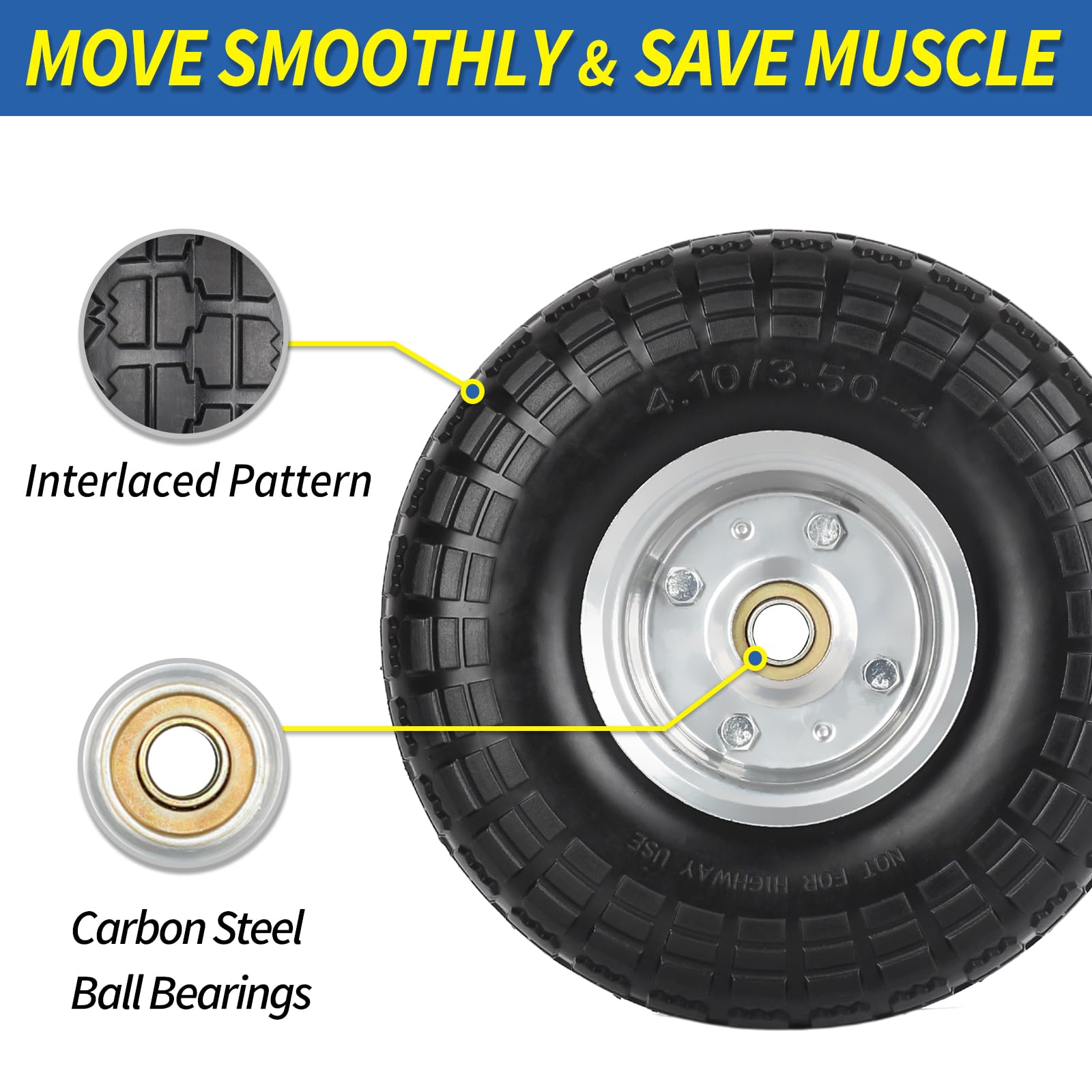 4.10/3.50-4" Flat Free Tire and Wheel, 10" Heavy Duty Solid Tire, 5/8" Axle Bore Hole, 2.2" Offset Hub, for Hand Truck Garden Cart Wagon Trolley Dolly, 2 Pack
