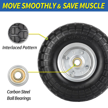 4.10/3.50-4" Flat Free Tire and Wheel, 10" Heavy Duty Solid Tire, 5/8" Axle Bore Hole, 2.2" Offset Hub, for Hand Truck Garden Cart Wagon Trolley Dolly, 2 Pack
