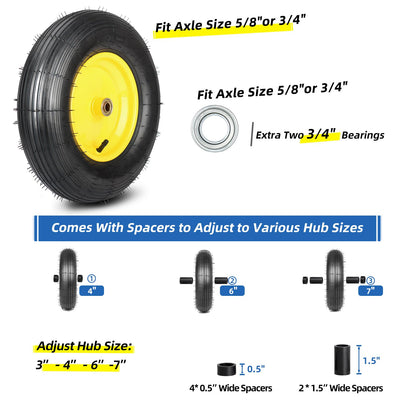 Upgrade 4.80/4.00-8 Wheelbarrow Tire and Wheel, 16"" Rubber Pneumatic Wheel, 3"" -6"" Centered Hub, 5/8"" &amp; 3/4"" Bearings, for Hand Truck, Trolley, Garden Cart, Wagons, 10 （2 Pack)