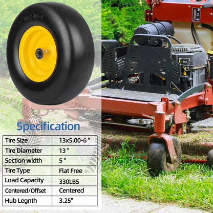 13x5.00-6 Flat Free Lawn Mower Tire and Wheel, Smooth Tread Tire for Lawnmower, Installed 3/4" Bearing with Extra 5/8" Bearing, 3.25"-5.9" Centered Hub, 2 Packs