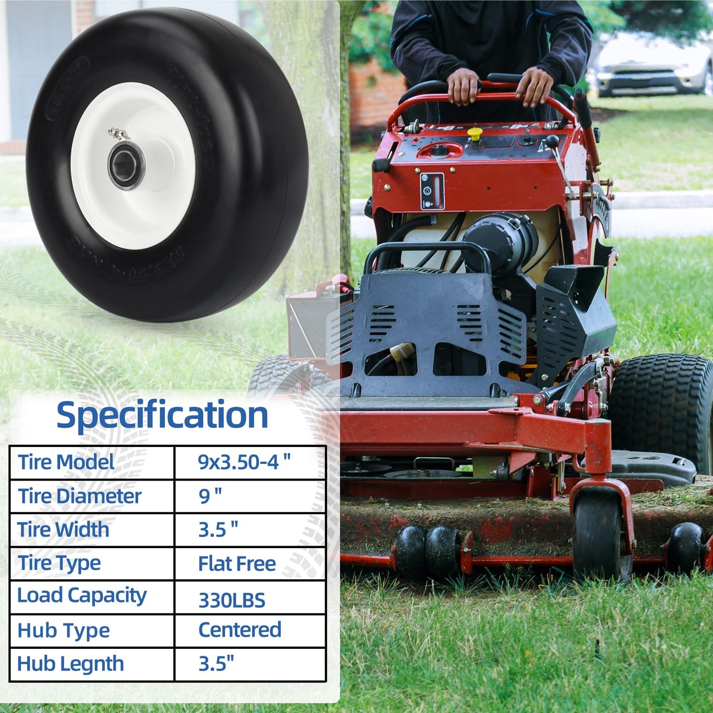 9x3.50-4 Flat Free Lawn Mower Tire and Wheel, Smooth Tread Tire for Zero Turn Mowers, 3/4" Bearing, Extra 5/8" Bearing, 3.5"-4"-4.5"-5" Centered Hub