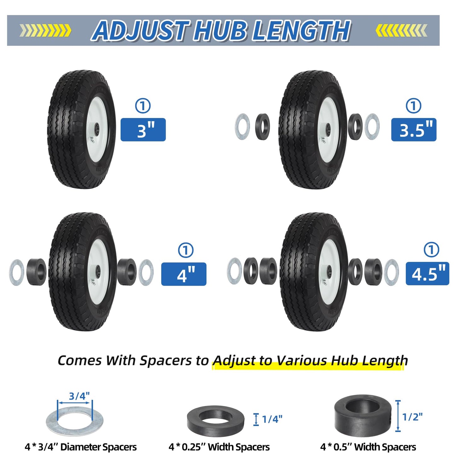 4.10/3.50-6 Flat Free Tire and Wheel, with 3"-3.5''-4.0''-4.5'' Centered Hub, and 3/4" & 5/8" Bearings, Replacement for Lawn Mower, Hand Truck/All Purpose Utility Tire on Wheel, (2 Pack)