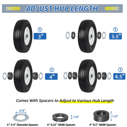 4.10/3.50-6 Flat Free Tire and Wheel, with 3"-3.5''-4.0''-4.5'' Centered Hub, and 3/4" & 5/8" Bearings, Replacement for Lawn Mower, Hand Truck/All Purpose Utility Tire on Wheel, (2 Pack)