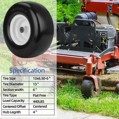13x6.50-6 Flat Free Lawn Mower Tire and Wheel, Solid Smooth Zero Turn Mower Front Tire Assembly, with 3/4" & 5/8" Bearing, 4"-6.5" Centered Hub, Compatible with Lawnmower Garden Tractor, 2 Pack