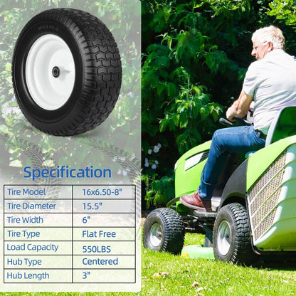 16x6.50-8 Flat Free Riding Lawn Mower Tire and Wheel, 2 Pcs 16x6.5-8nhs Garden Tractor Lawnmower Tyre, with 3/4" & 5/8" Bearing, 3" -4.5" Centered Hub
