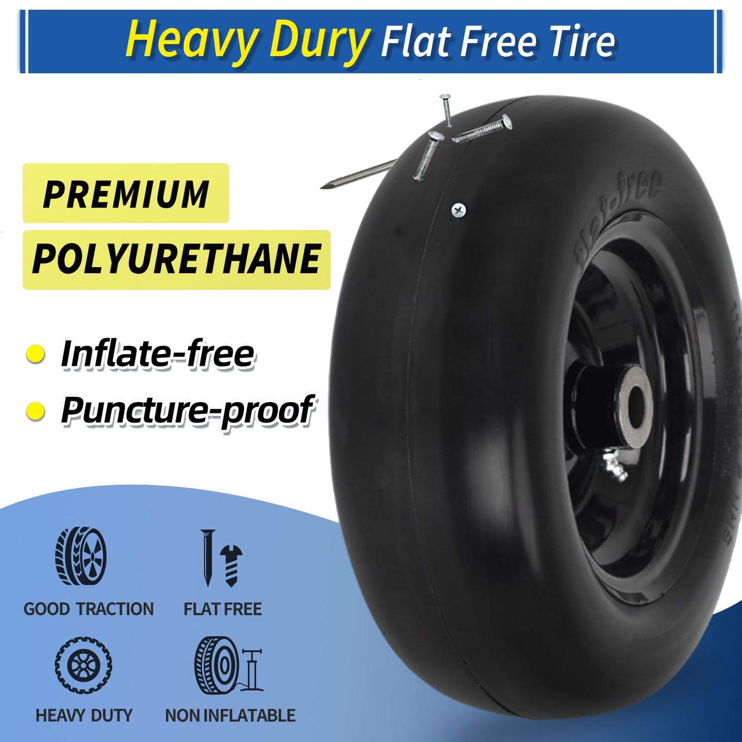 11x4.00-5” Flat Free Lawn Mower Tire and Wheel with 3/4" or 5/8" Bushings, 3.4"-4"-4.5"-5" Centered Hub, Smooth Tread Tire for Zero Turn Mowers, 2 Pack