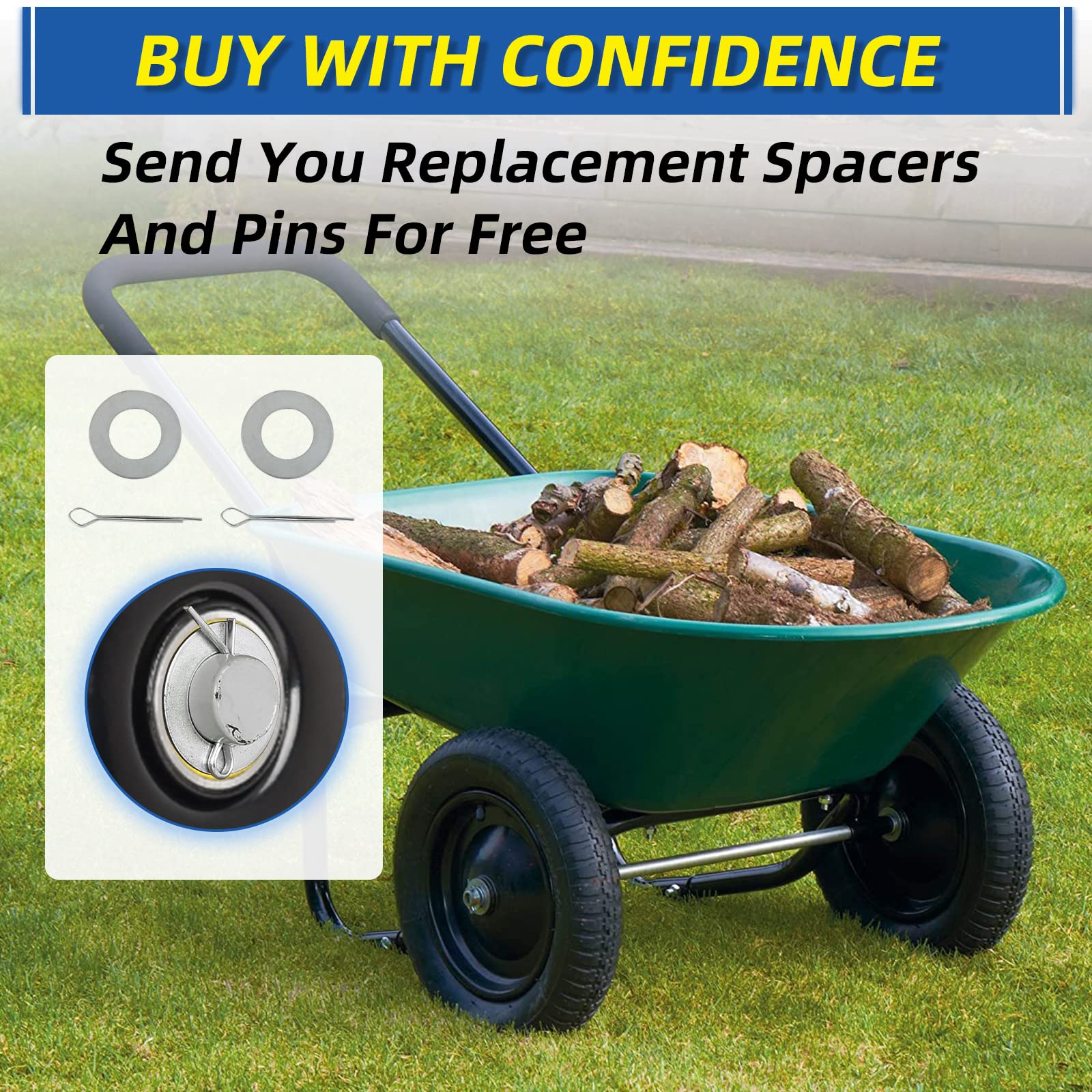 13" Flat-free Solid Tire and Wheel, 4.00-6 Wheelbarrow tire with 5/8" Axle Bore Hole, 2.2" Offset Hub, Compatible with Garden Wagon Trolley Dolly, (2 Pack)