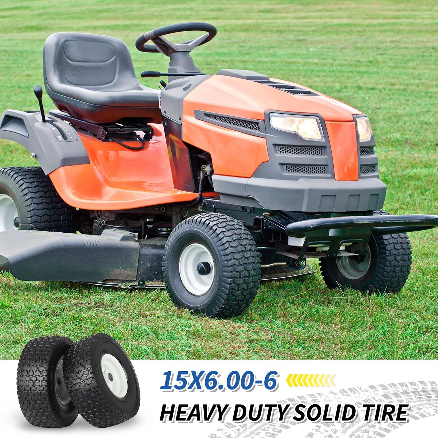 15x6.00-6 Flat Free Lawn Mower Tire and Wheel, 15x6-6nhs Riding Mowers Lawn Tire and Wheel with 3/4" Bearing, 3" Centered Hub, 2 Pack