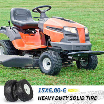 15x6.00-6 Flat Free Lawn Mower Tire and Wheel, 15x6-6nhs Riding Mowers Lawn Tire and Wheel with 3/4" Bearing, 3" Centered Hub, 2 Pack