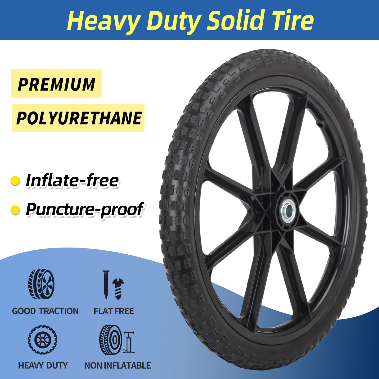 20" Flat Free Tire and Wheel, with 3/4" &amp; 5/8" Bearing, 2.45" Centered Hub, Replacement Wheel For Rubbermaid Wheelbarrow, Garden Yard Cart, 2 (Pack)