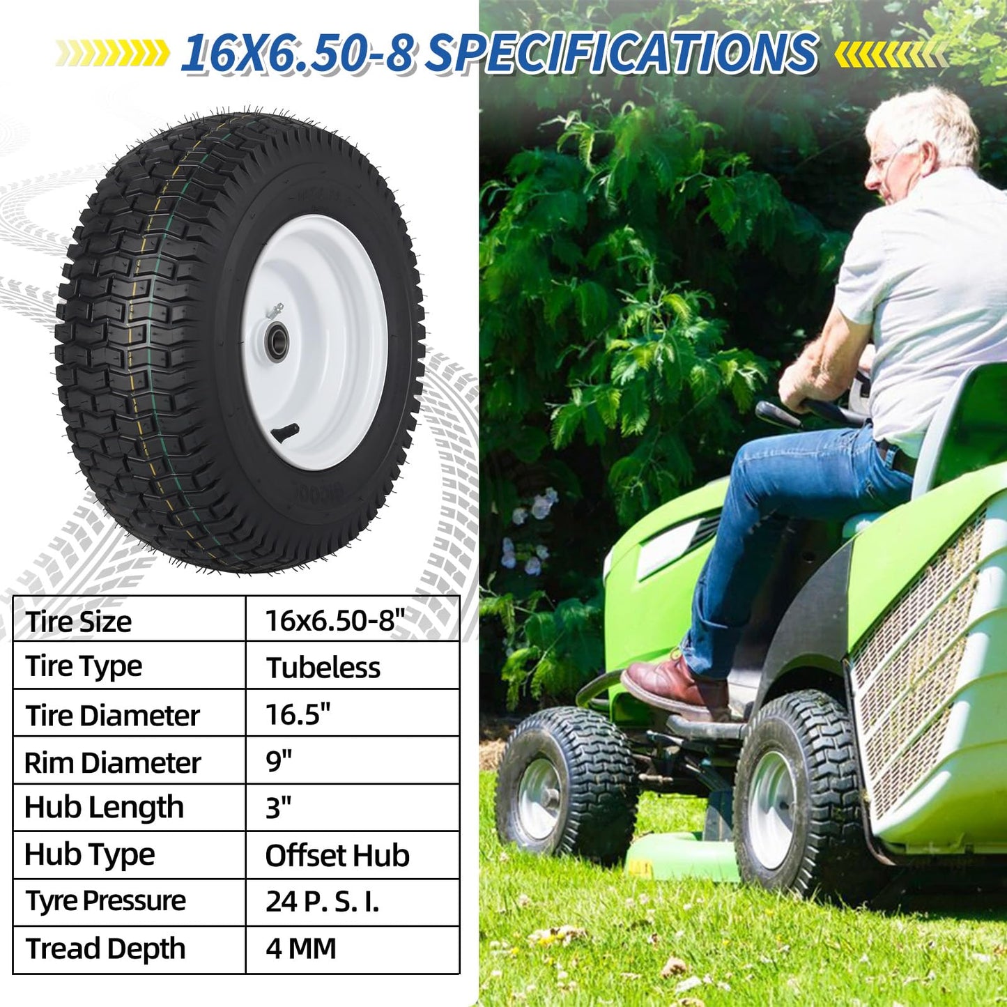 16x6.50-8 Tubeless Tire and Wheel, 16x6.5-8" Lawn Mower Tires, 3"-4.5" Offset Hub, 3/4" or 5/8" Bearing, Universal Fit Riding Mower and Garden Tractor Front Wheels, 4 Ply, Turf Pattern, 2 Pack