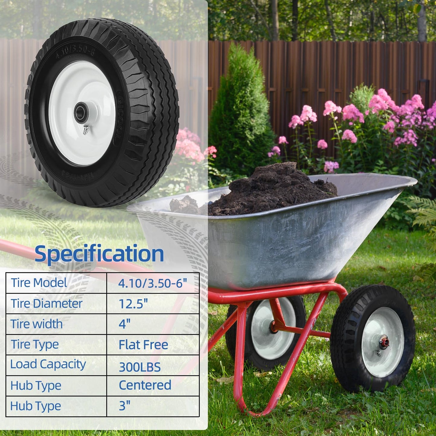 4.10/3.50-6 Flat Free Tire and Wheel, with 3"-3.5''-4.0''-4.5'' Centered Hub, and 3/4" & 5/8" Bearings, Replacement for Lawn Mower, Hand Truck/All Purpose Utility Tire on Wheel, (2 Pack)