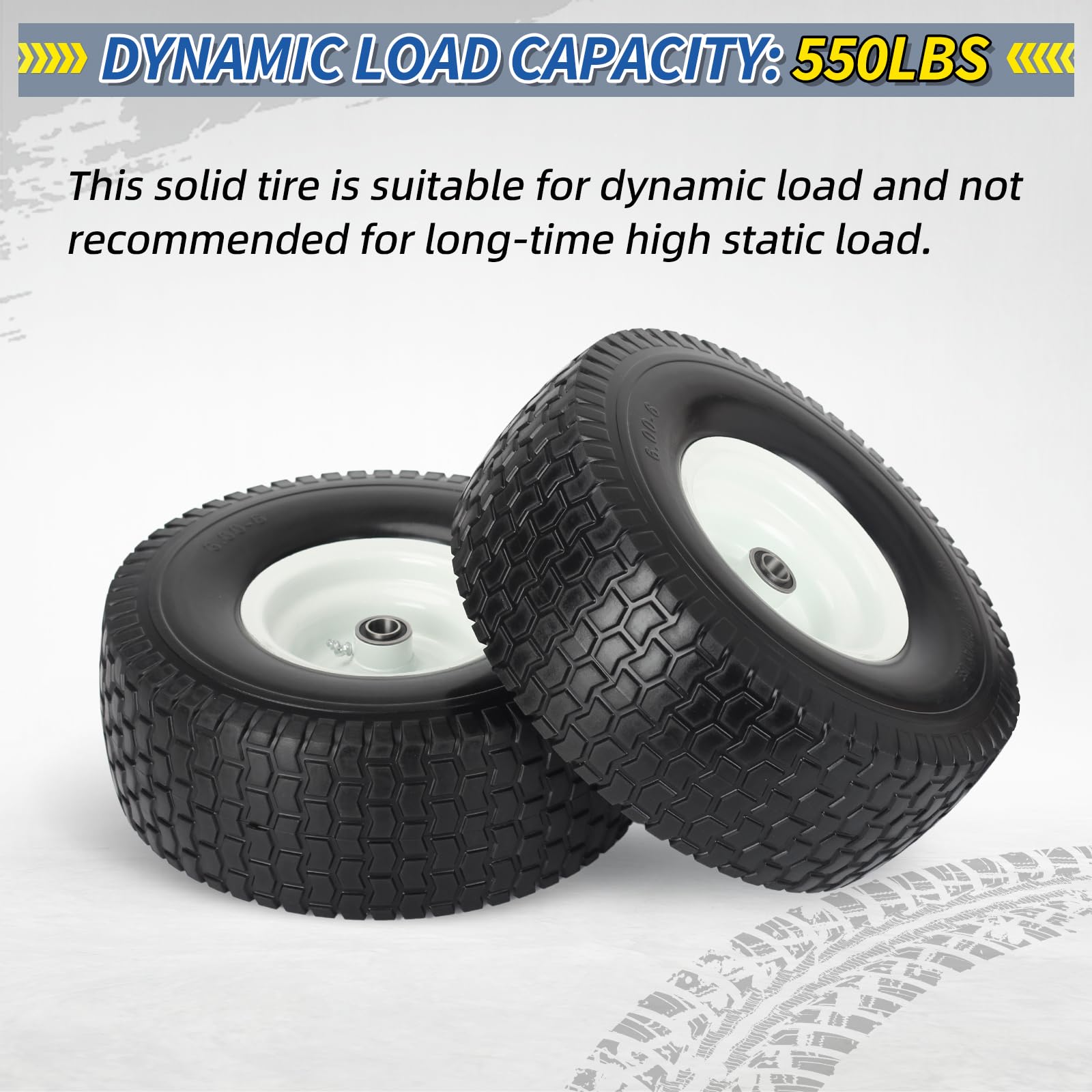 15x6.00-6 Flat Free Lawn Mower Tire and Wheel, 15x6-6nhs Riding Mowers Lawn Tire and Wheel with 3/4" Bearing, 3" Centered Hub, 2 Pack