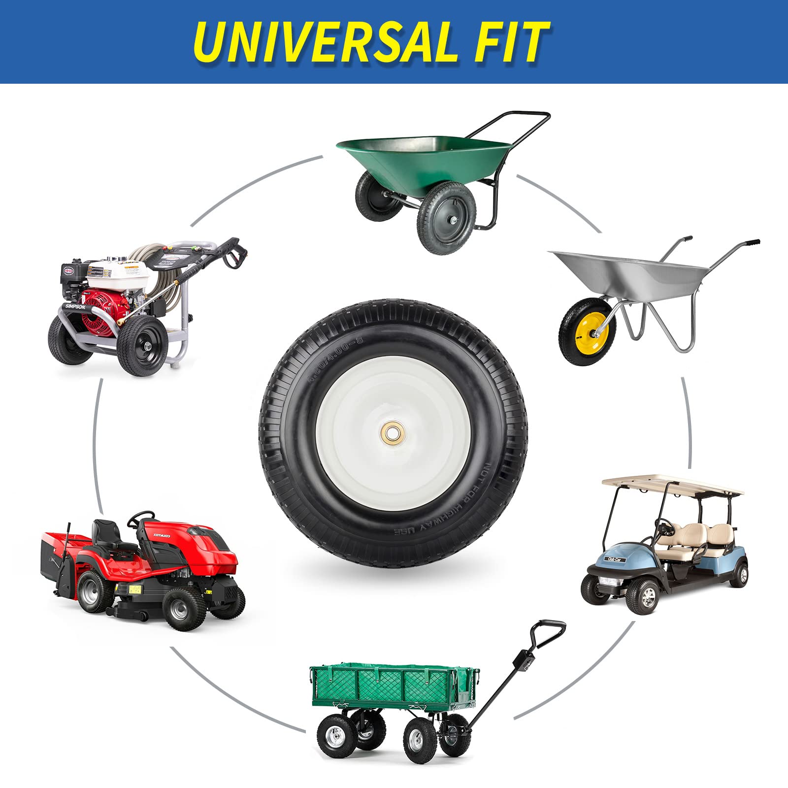 4.80/4.00-8" Wheelbarrow Tire, 16" Flat-Free Solid Tire and Wheel, 3-6" Centered Hub, 5/8" & 3/4" Bearing, For Broadcast Spreader Garden Wagon Cart Trolley Dolly Lawn Mover (1 Pack)