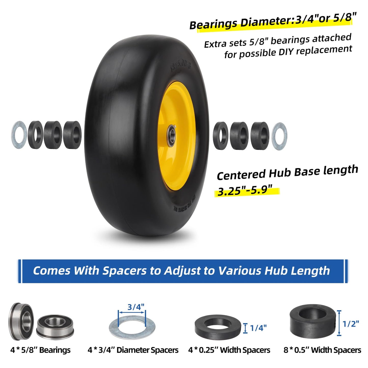 13x5.00-6 Flat Free Lawn Mower Tire and Wheel, Smooth Tread Tire for Lawnmower, Installed 3/4" Bearing with Extra 5/8" Bearing, 3.25"-5.9" Centered Hub, 2 Packs