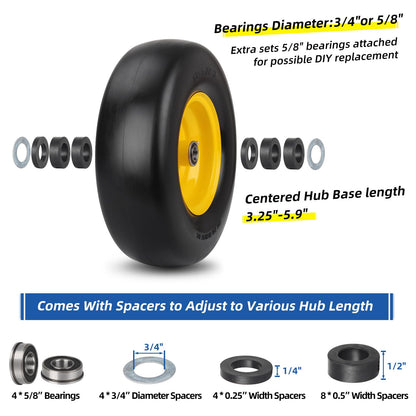 13x5.00-6 Flat Free Lawn Mower Tire and Wheel, Smooth Tread Tire for Lawnmower, Installed 3/4" Bearing with Extra 5/8" Bearing, 3.25"-5.9" Centered Hub, 2 Packs