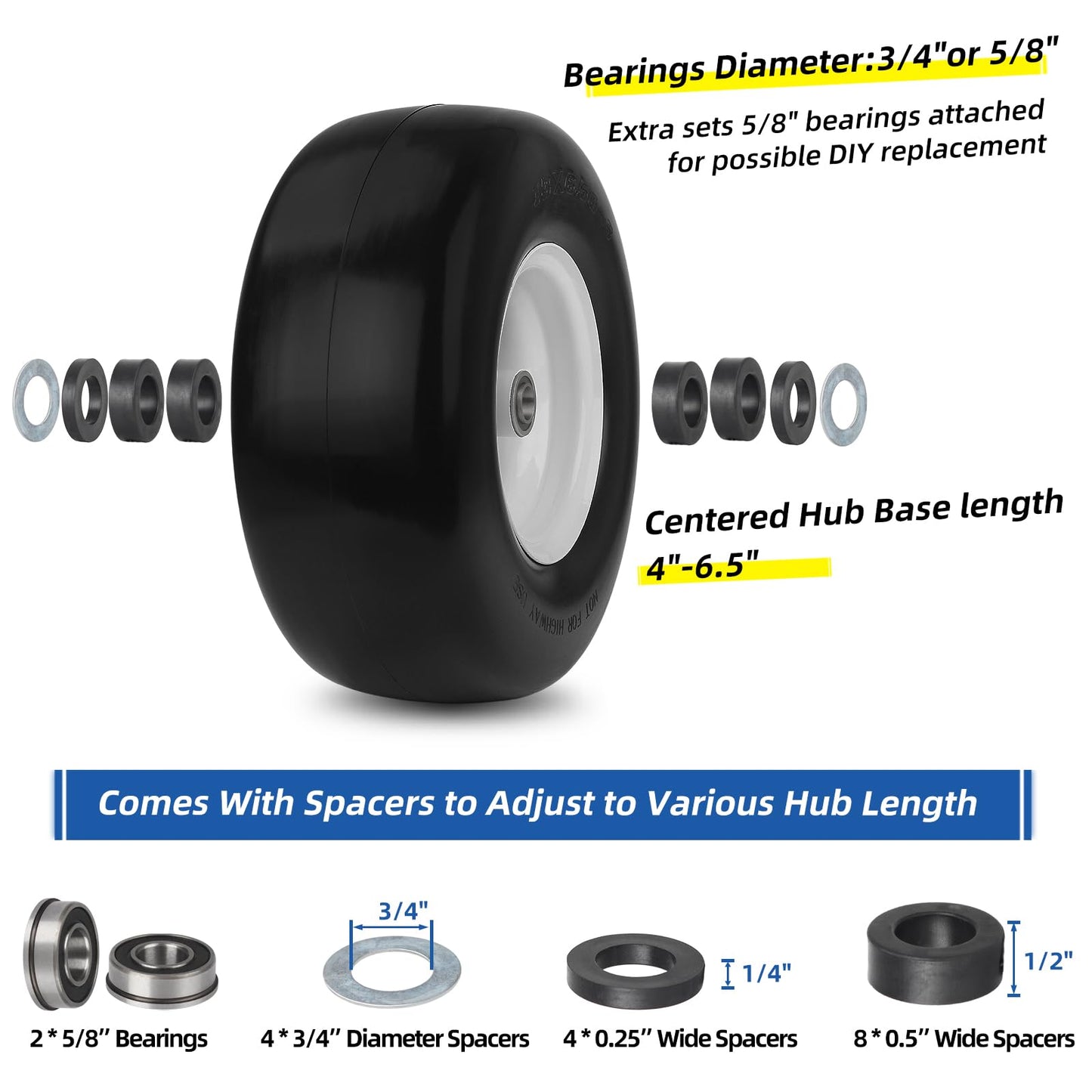13x6.50-6 Flat Free Lawn Mower Tire and Wheel, Solid Smooth Zero Turn Mower Front Tire Assembly, with 3/4" & 5/8" Bearing, 4"-6.5" Centered Hub, Compatible with Lawnmower Garden Tractor, 2 Pack