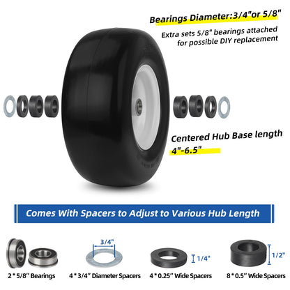 13x6.50-6 Flat Free Lawn Mower Tire and Wheel, Solid Smooth Zero Turn Mower Front Tire Assembly, with 3/4" & 5/8" Bearing, 4"-6.5" Centered Hub, Compatible with Lawnmower Garden Tractor, 2 Pack