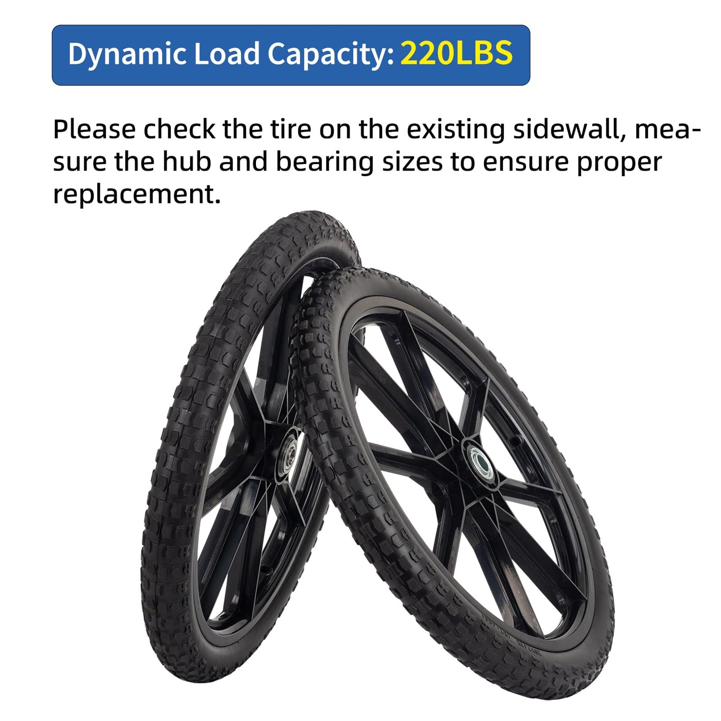 20" Flat Free Tire and Wheel, with 3/4" &amp; 5/8" Bearing, 2.45" Centered Hub, Replacement Wheel For Rubbermaid Wheelbarrow, Garden Yard Cart, 2 (Pack)