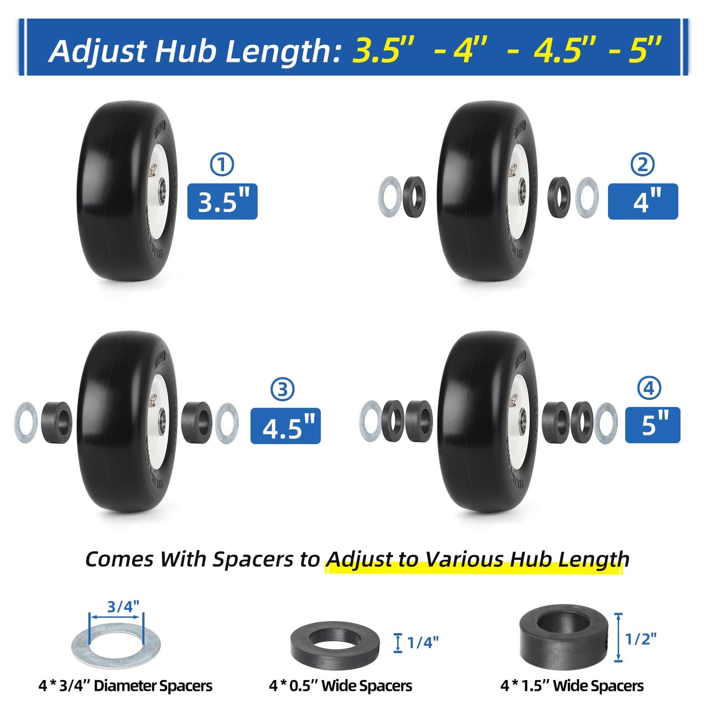 9x3.50-4 Flat Free Lawn Mower Tire and Wheel, Smooth Tread Tire for Zero Turn Mowers, 3/4" Bearing, Extra 5/8" Bearing, 3.5"-4"-4.5"-5" Centered Hub
