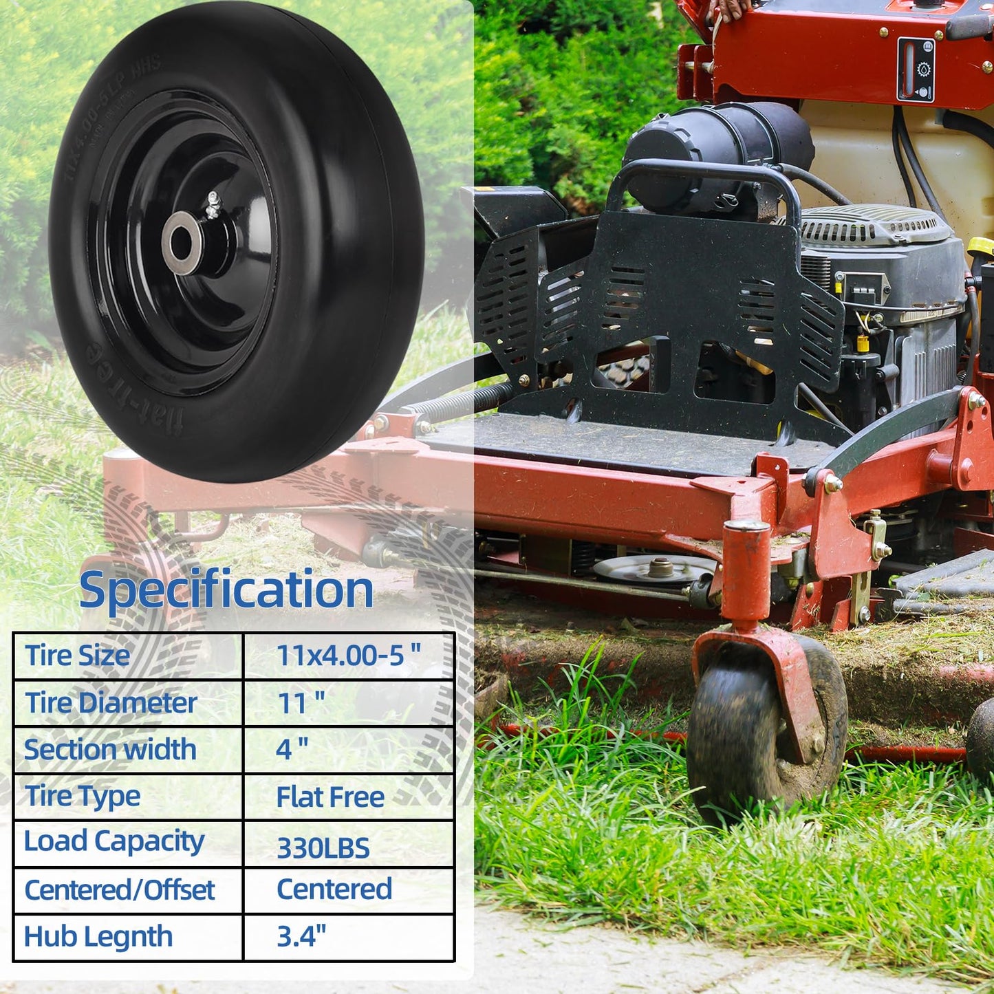 11x4.00-5” Flat Free Lawn Mower Tire and Wheel with 3/4" or 5/8" Bushings, 3.4"-4"-4.5"-5" Centered Hub, Smooth Tread Tire for Zero Turn Mowers, 2 Pack